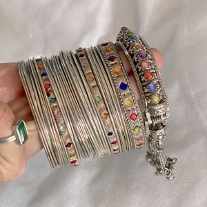 Silver tone India bangles w/ multicolored charms